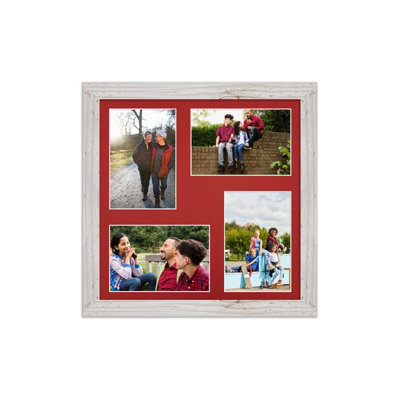 AK Frames 12X12 White Rustic Modern Multi Photo Frame With Crimson Mount - Holds 4 Apertures (4X) 6X4 Photos - image 1