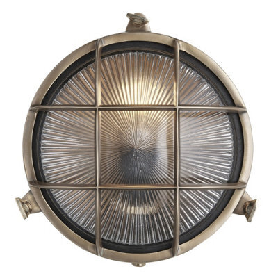 Industville Bulkhead Outdoor & Bathroom Round Wall Light - 8 Inch, Brass, Ribbed Glass - image 1
