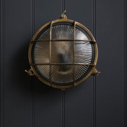 Industville Bulkhead Outdoor & Bathroom Round Wall Light - 8 Inch, Brass, Ribbed Glass - thumbnail 2