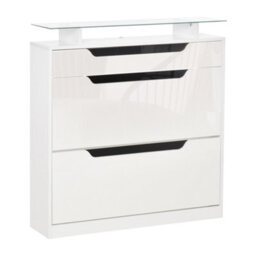 Homcom Shoe Cabinet With 3 Drawers, High Gloss Front Panels, Glass Top White - thumbnail 2