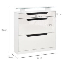 Homcom Shoe Cabinet With 3 Drawers, High Gloss Front Panels, Glass Top White - thumbnail 3