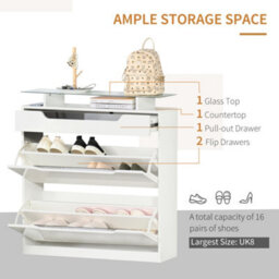 Homcom Shoe Cabinet With 3 Drawers, High Gloss Front Panels, Glass Top White - thumbnail 4