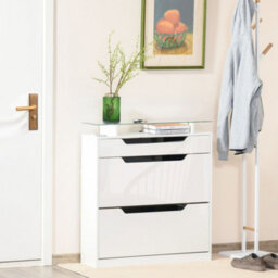Homcom Shoe Cabinet With 3 Drawers, High Gloss Front Panels, Glass Top White