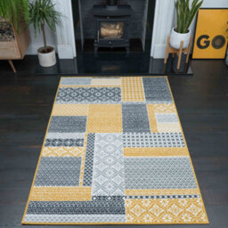 Loomed Yellow Ochre Grey Floral Patchwork Living Room Rug 280X365Cm - thumbnail 2