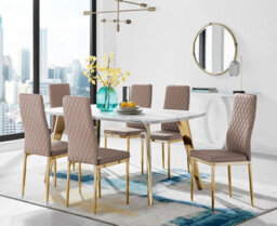 Furniturebox Andria Marble Effect Black Leg 6 Seater Dining Table With Gold Leg Beige Faux Leather Milan Chairs For Luxury Modern Dining Room