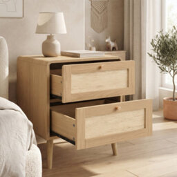 Matteo Set Of 2 Natural Oak Bedside Tables With Rattan-Effect Drawers & Rounded Corners - thumbnail 4