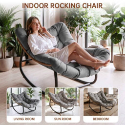 Onemill Egg-Shaped Rattan Rocking Chair With Thick Cushion For Garden, Balcony, Living Room - thumbnail 4