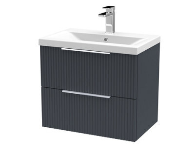 Hudson Reed Fluted Wall Hung 2-Drawer Vanity And Mid-Edge Basin, Contemporary Sink Vanity Unit, Soft Black, 600mm - image 1