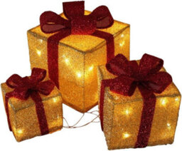 Set Of 3 Light Up Christmas Gold Parcels With Red Bow (025) - With Battery Powered Led Lights