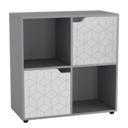 Urbn-Living Urbnliving 61Cm Height 4 Cubes Grey Wooden Bookcase Display Shelf Storage Cabinet With Modern Geo White Door - thumbnail 2