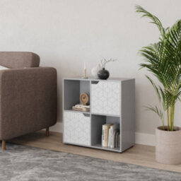 Urbn-Living Urbnliving 61Cm Height 4 Cubes Grey Wooden Bookcase Display Shelf Storage Cabinet With Modern Geo White Door - thumbnail 3