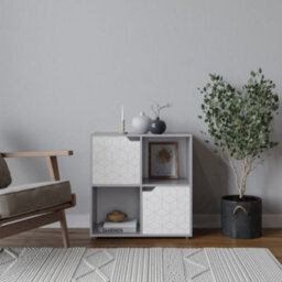 Urbn-Living Urbnliving 61Cm Height 4 Cubes Grey Wooden Bookcase Display Shelf Storage Cabinet With Modern Geo White Door - thumbnail 1