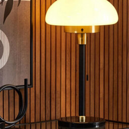 Beliani Table Lamp 55 Cm Matte Black With Brushed Gold And White Half-Globe Glass Shade - thumbnail 1