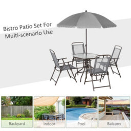 Wyld Haus Misotte 6-Piece Outdoor Dining Set, Grey And Coffee - 4 Folding Mesh Chairs, Round Tempered Glass Table And Parasol - thumbnail 7