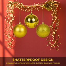 Shatchi Set Of 3 - 25Cm Dark Gold Christmas Baubles (Glossy, Matte, Glitter) Décor Pack - thumbnail 7