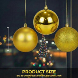 Shatchi Set Of 3 - 25Cm Dark Gold Christmas Baubles (Glossy, Matte, Glitter) Décor Pack - thumbnail 5