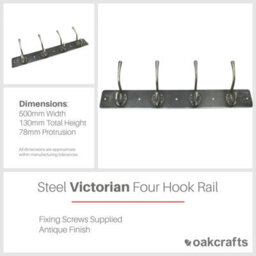 Oakcrafts - Antique Steel Victorian 4 Hook Rail - 500mm - thumbnail 2
