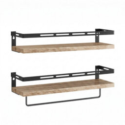 Living And Home Set Of 2 Wall Mounted Floating Shelves Burnt Paulownia Wood Black Frame With Towel Rail - thumbnail 4