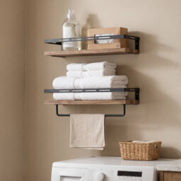 Living And Home Set Of 2 Wall Mounted Floating Shelves Burnt Paulownia Wood Black Frame With Towel Rail - thumbnail 1