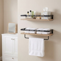 Living And Home Set Of 2 Wall Mounted Floating Shelves Burnt Paulownia Wood Black Frame With Towel Rail - thumbnail 2