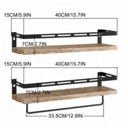 Living And Home Set Of 2 Wall Mounted Floating Shelves Burnt Paulownia Wood Black Frame With Towel Rail - thumbnail 8