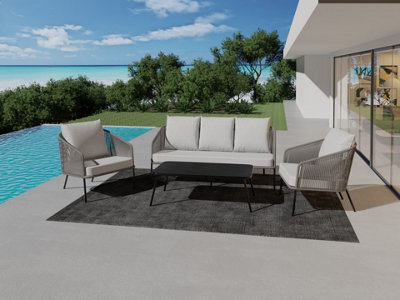 Weave Rope Style Garden Lounge Sofa Set Grey 5 Seater With Coffee Table & Light Grey Cushions - image 1