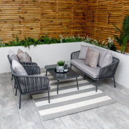 Weave Rope Style Garden Lounge Sofa Set Grey 5 Seater With Coffee Table & Light Grey Cushions - thumbnail 3