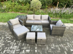 Fimous 8 Seater Wicker Rattan Garden Furniture Sofa Set With Side Table Armchair Square Coffee Table Dark Grey Mixed - thumbnail 1