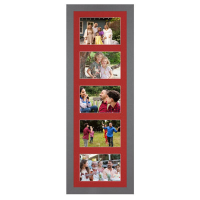 AK Frames 26X8 Dark Grey Modern Multi Photo Frame With Crimson Mount - Holds 5 Apertures (5X) 6X4 Photos - image 1