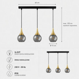 Luminosa Lighting Luminosa Lacrima Bar Pendant Ceiling Light Black, Gold Smoky Glass Shade 3X E27 - thumbnail 4
