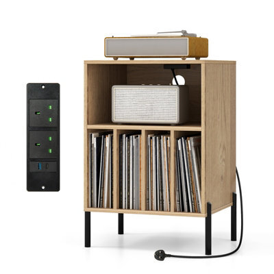 Costway Freestanding Turntable Stand 3-Tier Side Table W/ Charging Station Natural - image 1