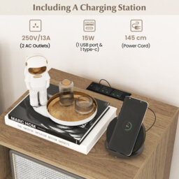 Costway Freestanding Turntable Stand 3-Tier Side Table W/ Charging Station Natural - thumbnail 6