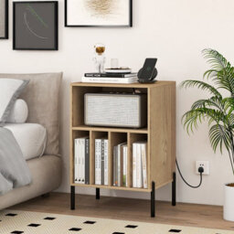 Costway Freestanding Turntable Stand 3-Tier Side Table W/ Charging Station Natural - thumbnail 3