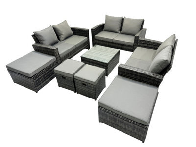 Fimous Pe Rattan Garden Furniture Set Lounge Double Seat Sofa Coffee Table Set With 4 Stools Dark Grey Mixed - image 1