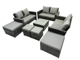 Fimous Pe Rattan Garden Furniture Set Lounge Double Seat Sofa Coffee Table Set With 4 Stools Dark Grey Mixed - thumbnail 1