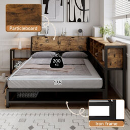 Merax 4Ft6 Double Metal Bed 135 X 190 Cm, Storage Bed With 2 Drawers, Bedside Shelf And Iron Slats, Rustic Brown - thumbnail 4