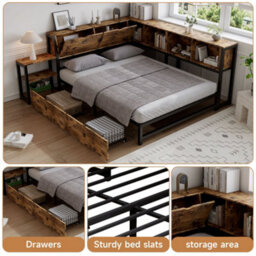 Merax 4Ft6 Double Metal Bed 135 X 190 Cm, Storage Bed With 2 Drawers, Bedside Shelf And Iron Slats, Rustic Brown - thumbnail 5