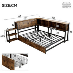 Merax 4Ft6 Double Metal Bed 135 X 190 Cm, Storage Bed With 2 Drawers, Bedside Shelf And Iron Slats, Rustic Brown - thumbnail 3