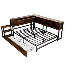 Merax 4Ft6 Double Metal Bed 135 X 190 Cm, Storage Bed With 2 Drawers, Bedside Shelf And Iron Slats, Rustic Brown - thumbnail 8