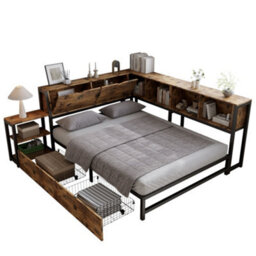 Merax 4Ft6 Double Metal Bed 135 X 190 Cm, Storage Bed With 2 Drawers, Bedside Shelf And Iron Slats, Rustic Brown - thumbnail 6