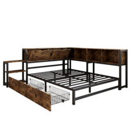 Merax 4Ft6 Double Metal Bed 135 X 190 Cm, Storage Bed With 2 Drawers, Bedside Shelf And Iron Slats, Rustic Brown - thumbnail 7