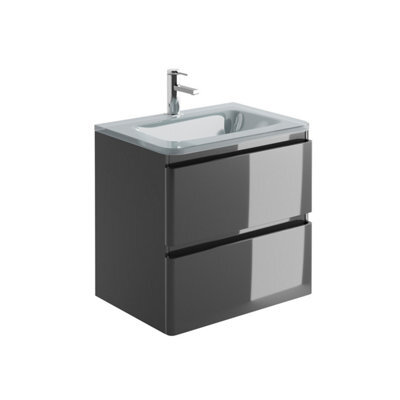 Plum&clay Marvel Gloss Dark Grey Wall Hung Bathroom Vanity Unit With White Glass Basin (W)600mm - image 1