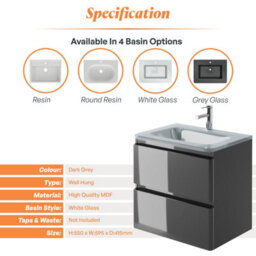 Plum&clay Marvel Gloss Dark Grey Wall Hung Bathroom Vanity Unit With White Glass Basin (W)600mm - thumbnail 5
