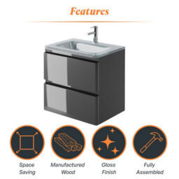 Plum&clay Marvel Gloss Dark Grey Wall Hung Bathroom Vanity Unit With White Glass Basin (W)600mm - thumbnail 6