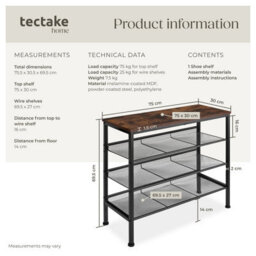 Tectake Shoe Rack Wolverhampton - Surface Shelf And 3 Grid Shelves, Industrial Style -  - Industrial Wood Dark, Rustic - thumbnail 6