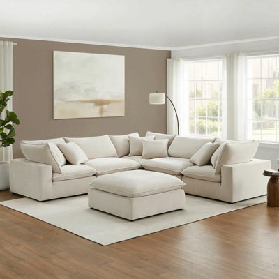 Xample Aiden & Ivy Sereen Cream Fabric 6 Piece Modular Sofa, Feather Blend Cushions, Reversible Seating, Ottoman, 6 Accent Pillows - image 1