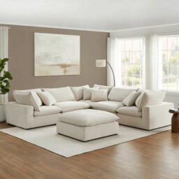 Xample Aiden & Ivy Sereen Cream Fabric 6 Piece Modular Sofa, Feather Blend Cushions, Reversible Seating, Ottoman, 6 Accent Pillows - thumbnail 1