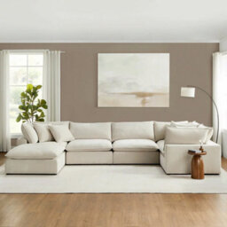 Xample Aiden & Ivy Sereen Cream Fabric 6 Piece Modular Sofa, Feather Blend Cushions, Reversible Seating, Ottoman, 6 Accent Pillows - thumbnail 3