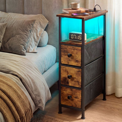 Levede Bedside Table With Led Light Charging 3 Fabric Drawers Brown - image 1