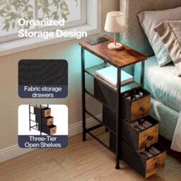 Levede Bedside Table With Led Light Charging 3 Fabric Drawers Brown - thumbnail 7